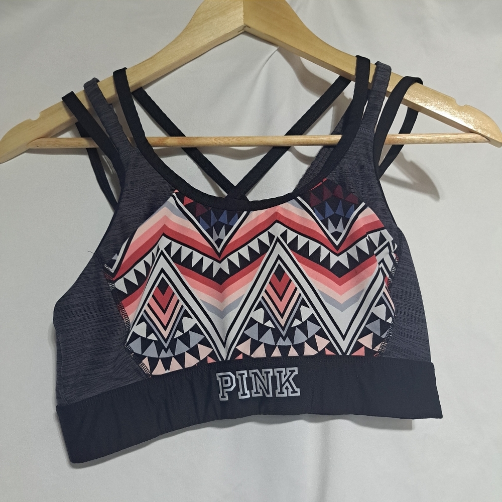 Victorias Secret Pink Strappy Back Geometric‎ Sports Bra Sz M